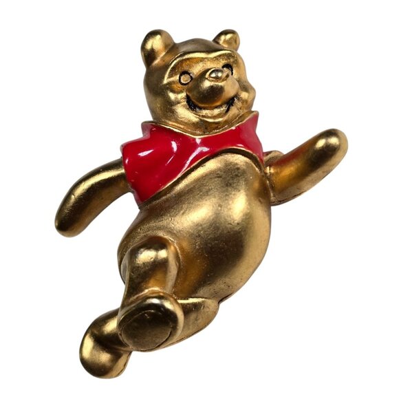 Vintage Disney Winnie the Pooh Brooch Pin Gold Red Enamel Running Bear 1990s - Picture 3 of 9